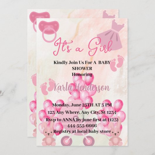 ピンクバルーンウサギ女の子の赤ちゃんシャワー 招待状 (正面/裏面)