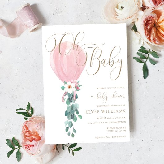 ピンクバルーンオベビーベビーシャワー 招待状