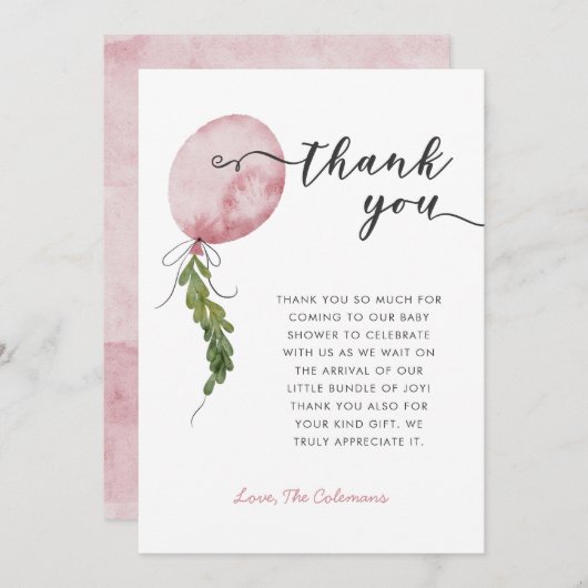 ピンクバルーンガーランド赤ちゃんシャワー サンキューカード (正面/裏面)