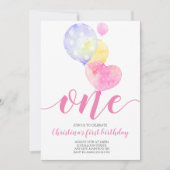 ピンクバルーンガールファースト誕生日1歳の誕生日 招待状 (正面)