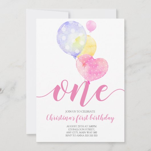 ピンクバルーンガールファースト誕生日1歳の誕生日 招待状 (正面)