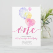 ピンクバルーンガールファースト誕生日1歳の誕生日 招待状 (スタンド正面)