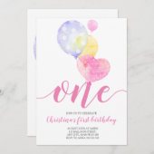ピンクバルーンガールファースト誕生日1歳の誕生日 招待状 (正面/裏面)