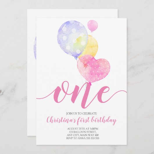 ピンクバルーンガールファースト誕生日1歳の誕生日 招待状 (正面/裏面)