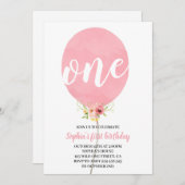 ピンクバルーンガールファースト誕生日 招待状 (正面/裏面)