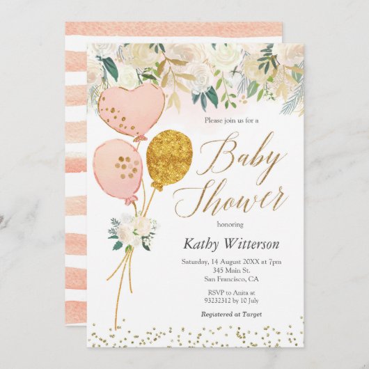 ピンクバルーンガールベビーシャワー招待状 招待状 (正面/裏面)