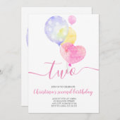 ピンクバルーンガール2nd誕生日2秒誕生日 招待状 (正面/裏面)