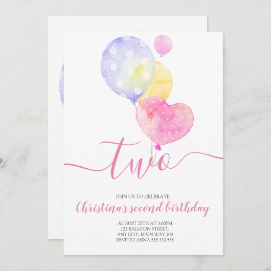 ピンクバルーンガール2nd誕生日2秒誕生日 招待状 (正面/裏面)