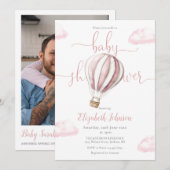 ピンクバルーンガールQRコードフォトベビーシャワー 招待状 (正面/裏面)