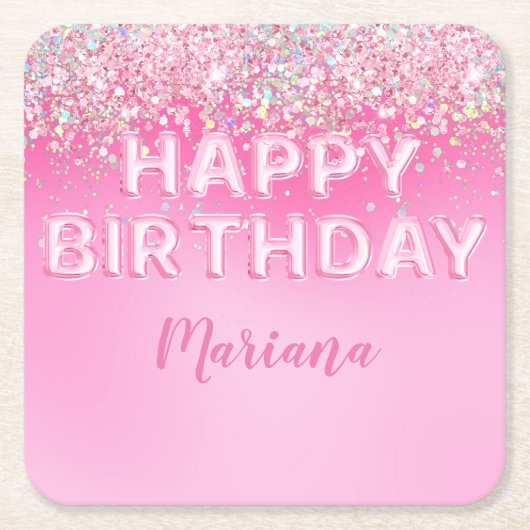ピンクバルーングラデーション誕生日パーティー スクエアペーパーコースター (正面)