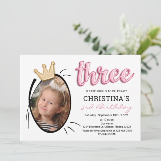 ピンクバルーンタイプ | かわいい女の子の写真3歳の誕生日 招待状 (スタンド正面)