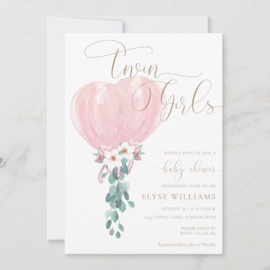 ピンクバルーンツインガールズベビーシャワー 招待状 (正面)