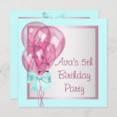 ピンクバルーンティール（緑がかった色）ブルーガールズバースデーパーティー 招待状 (正面/裏面)