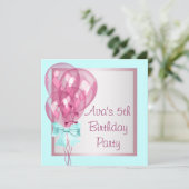 ピンクバルーンティール（緑がかった色）ブルーガールズバースデーパーティー 招待状 (スタンド正面)