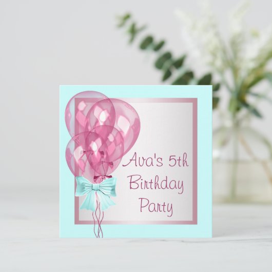 ピンクバルーンティール(緑がかった色)ブルーガールズバースデーパーティー 招待状 (スタンド正面)