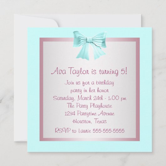 ピンクバルーンティール(緑がかった色)ブルーガールズバースデーパーティー 招待状 (裏面)