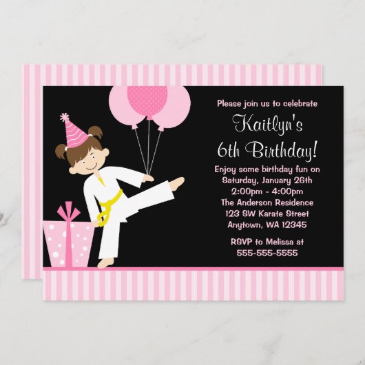 ピンクバルーンテコンド空手ガール誕生日 招待状 (正面/裏面)