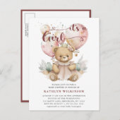 ピンクバルーンテディベアフローラガールベビーシャワー インビテーションポストカード (正面/裏面)