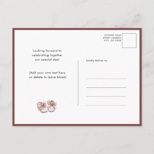 ピンクバルーンテディベアフローラガールベビーシャワー インビテーションポストカード (裏面)