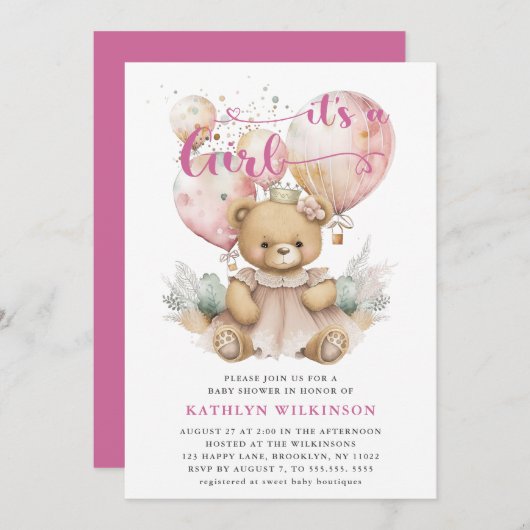 ピンクバルーンテディベアフローラガールベビーシャワー 招待状 (正面/裏面)