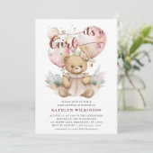 ピンクバルーンテディベアフローラガールベビーシャワー 招待状 (スタンド正面)
