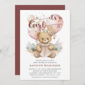 ピンクバルーンテディベアフローラガールベビーシャワー 招待状 (正面/裏面)