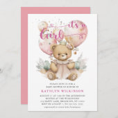 ピンクバルーンテディベアフローラガールベビーシャワー 招待状 (正面/裏面)