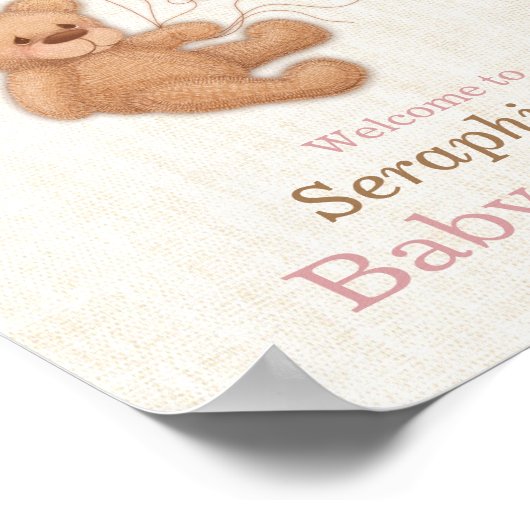 ピンクバルーンテディベア赤ちゃんシャワーへようこそ ポスター (角)