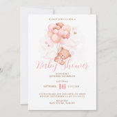 ピンクバルーンテディベア赤ちゃんシャワー 招待状 (正面)