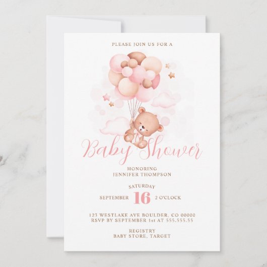 ピンクバルーンテディベア赤ちゃんシャワー 招待状 (正面)