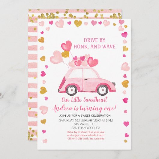 ピンクバルーンドライブバイバレンタイン誕生日 招待状 (正面/裏面)
