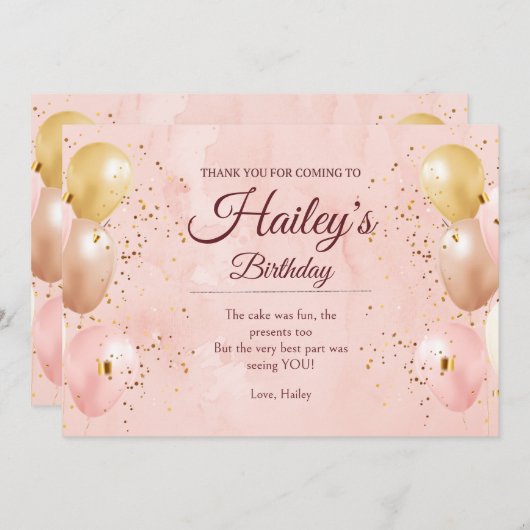 ピンクバルーンバースデーパーティーサンキューカード サンキューカード (正面/裏面)