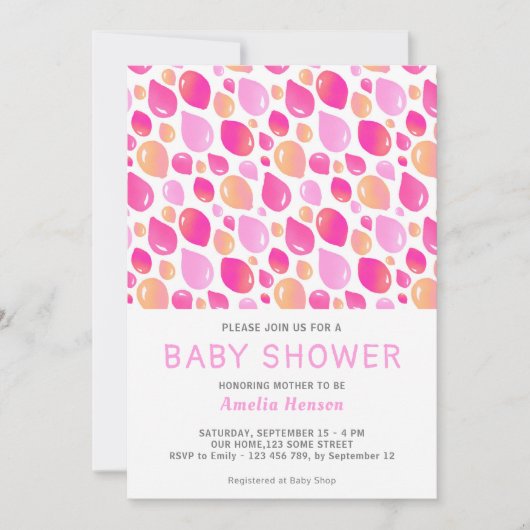 ピンクバルーンパターン赤ちゃん女の子の赤ちゃんシャワー 招待状 (正面)