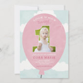 ピンクバルーンファースト誕生日フォト招待状 招待状 (正面)
