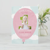 ピンクバルーンファースト誕生日フォト招待状 招待状 (スタンド正面)