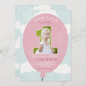 ピンクバルーンファースト誕生日フォト招待状 招待状 (正面/裏面)