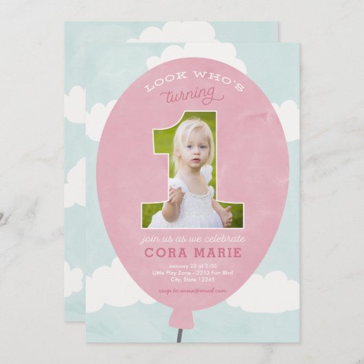 ピンクバルーンファースト誕生日フォト招待状 招待状 (正面/裏面)