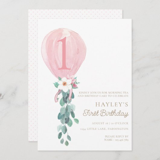 ピンクバルーンファースト誕生日 招待状 (正面/裏面)