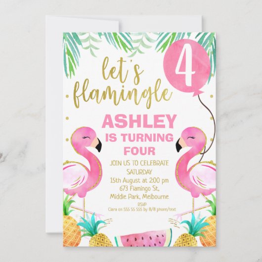 ピンクバルーンフラミンゴエイジ誕生日招待状 招待状 (正面)