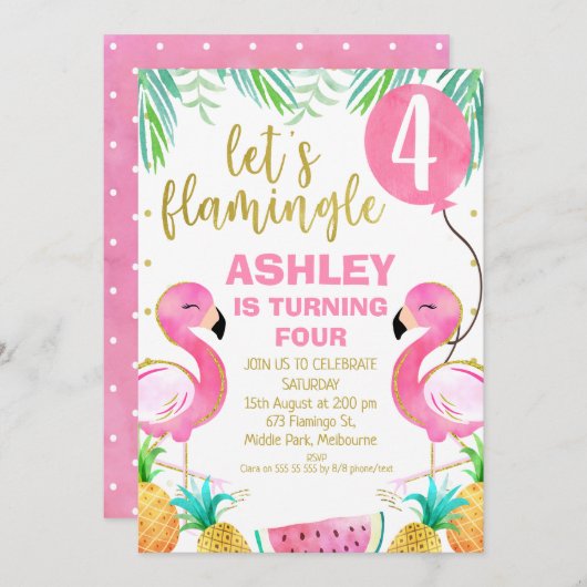 ピンクバルーンフラミンゴエイジ誕生日招待状 招待状 (正面/裏面)