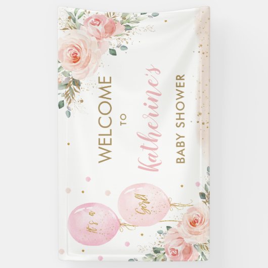 ピンクバルーンフローラベビーシャワーへようこそ背景 横断幕 (縦)