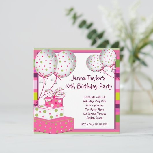 ピンクバルーンプレゼントガールズバースデーパーティー 招待状 (スタンド正面)