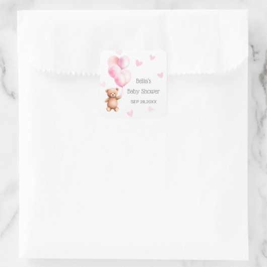 ピンクバルーンベアハートベビーシャワー スクエアシール (バッグ)