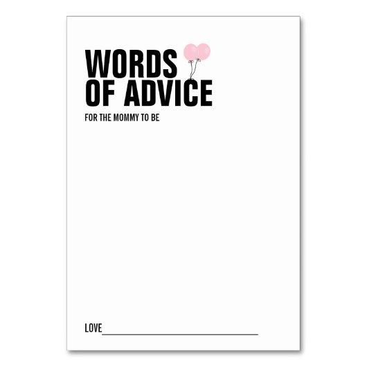 ピンクバルーンベビーシャワーママアドバイスカード テーブルナンバー (正面)