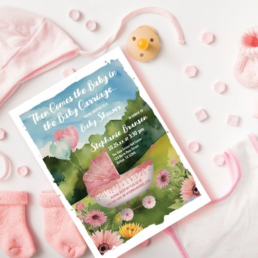 ピンクバルーンベビーベビーカー水彩赤ちゃんシャワー 招待状