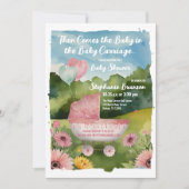 ピンクバルーンベビーベビーカー水彩赤ちゃんシャワー 招待状 (正面)