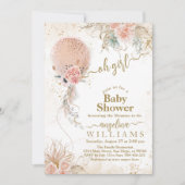 ピンクバルーンボホフローラパンパスベビーガールシャワー 招待状 (正面)
