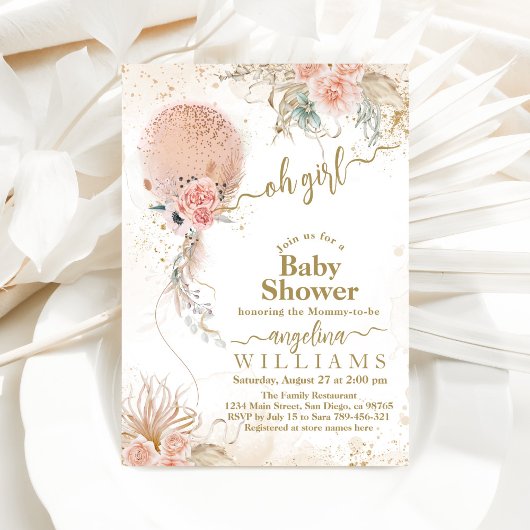 ピンクバルーンボホフローラパンパスベビーガールシャワー 招待状