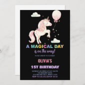 ピンクバルーンユニコーン誕生日招待状 招待状 (正面/裏面)