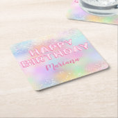 ピンクバルーンレインボーバースデーパーティー スクエアペーパーコースター (アングル)